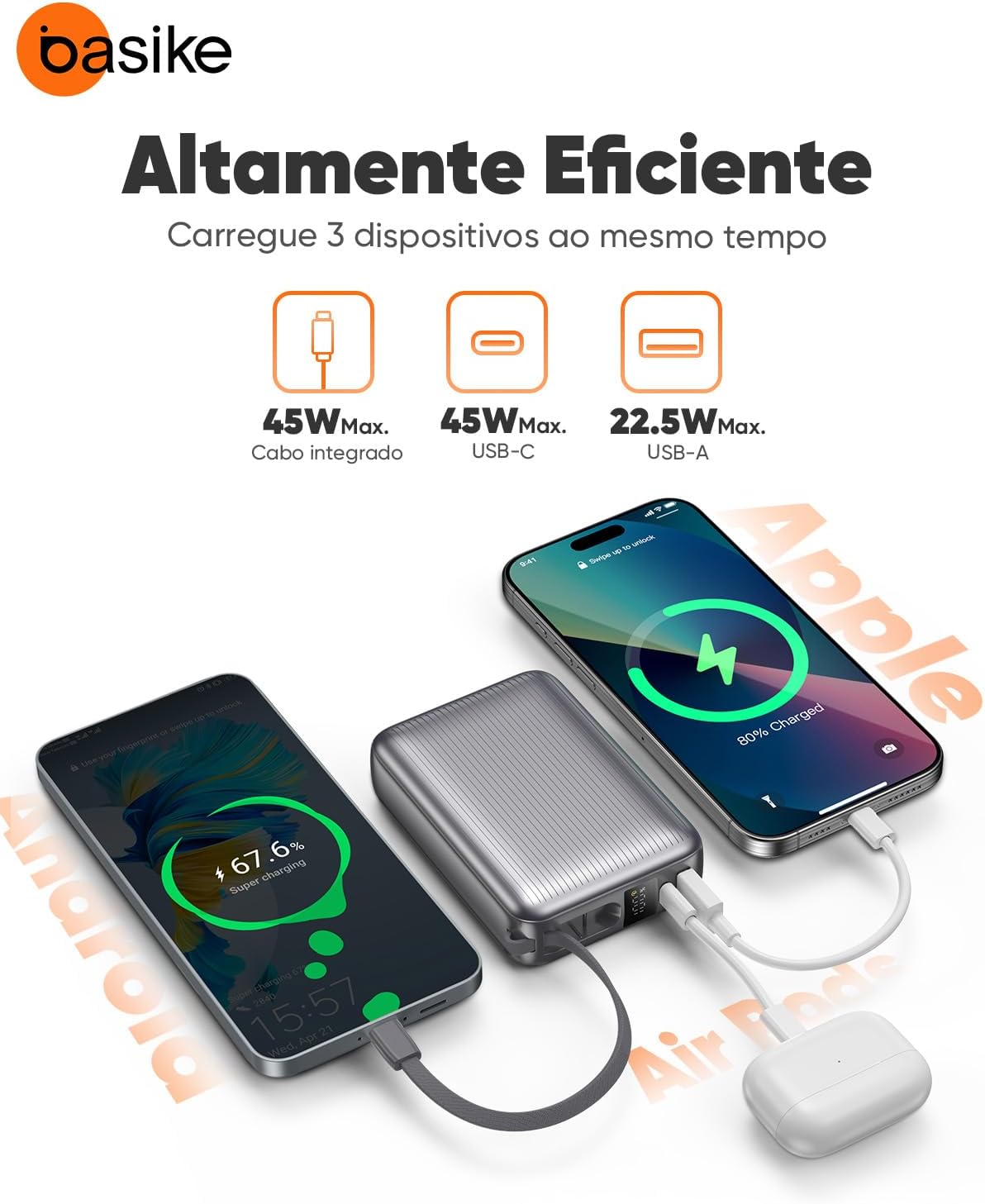 Destaca construção, disposição das conexões e elementos funcionais do power bank.