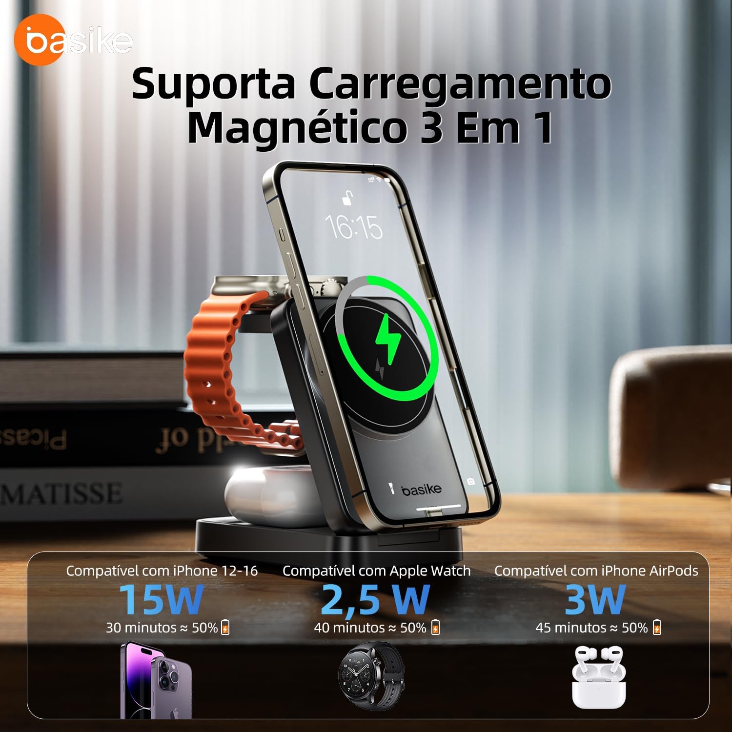 Evidencia a praticidade do carregamento 3 em 1 no dia a dia e a organização de mesa.