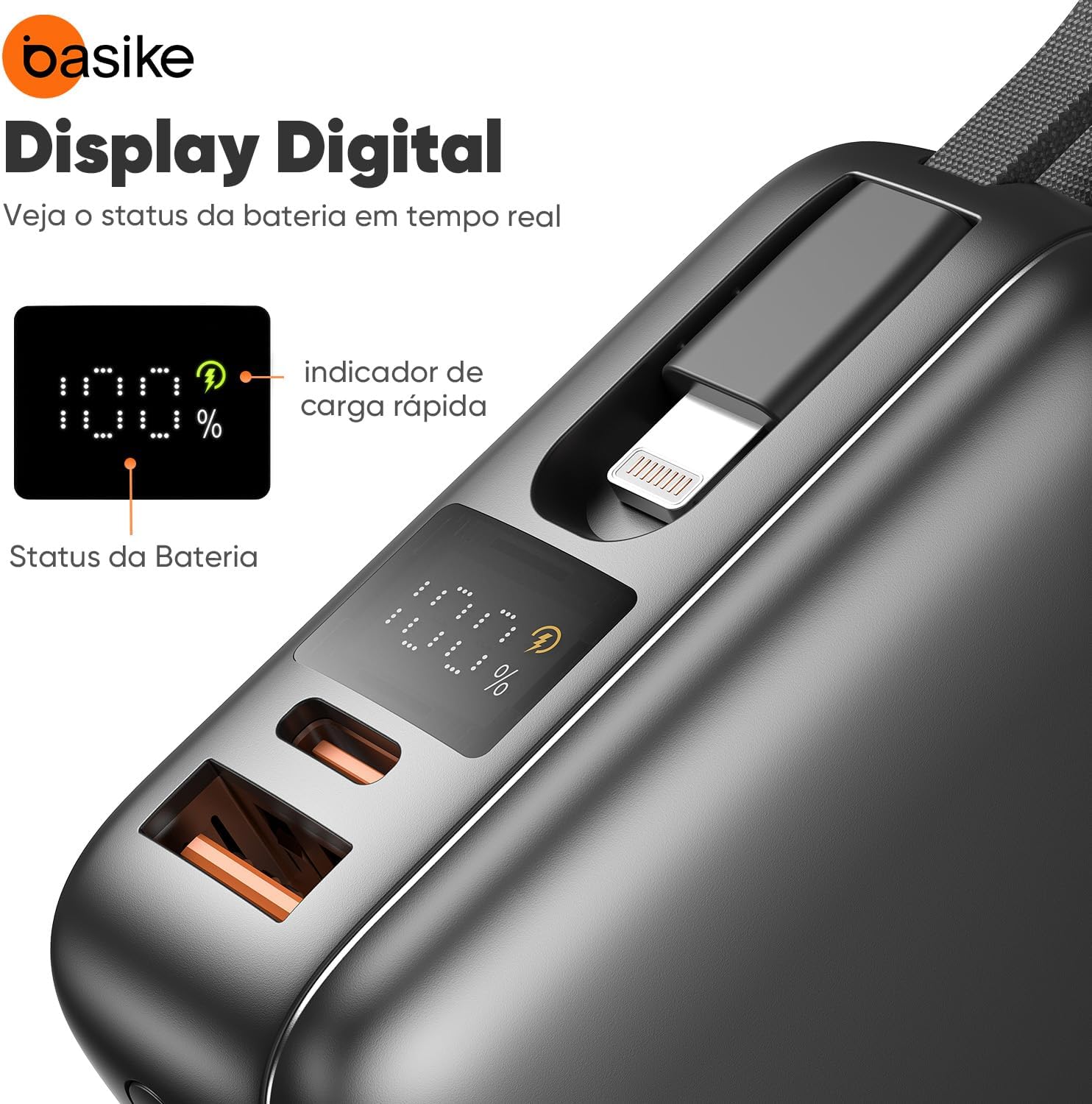 Ajuda a reforçar a portabilidade, o tamanho físico e a pegada do power bank na mão ou na bolsa.