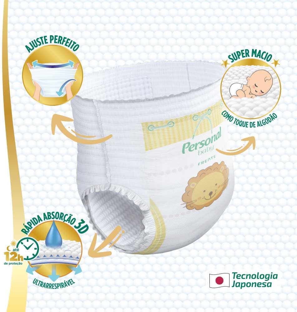 Destaca a tecnologia de absorção, respirabilidade e construção interna do produto.
