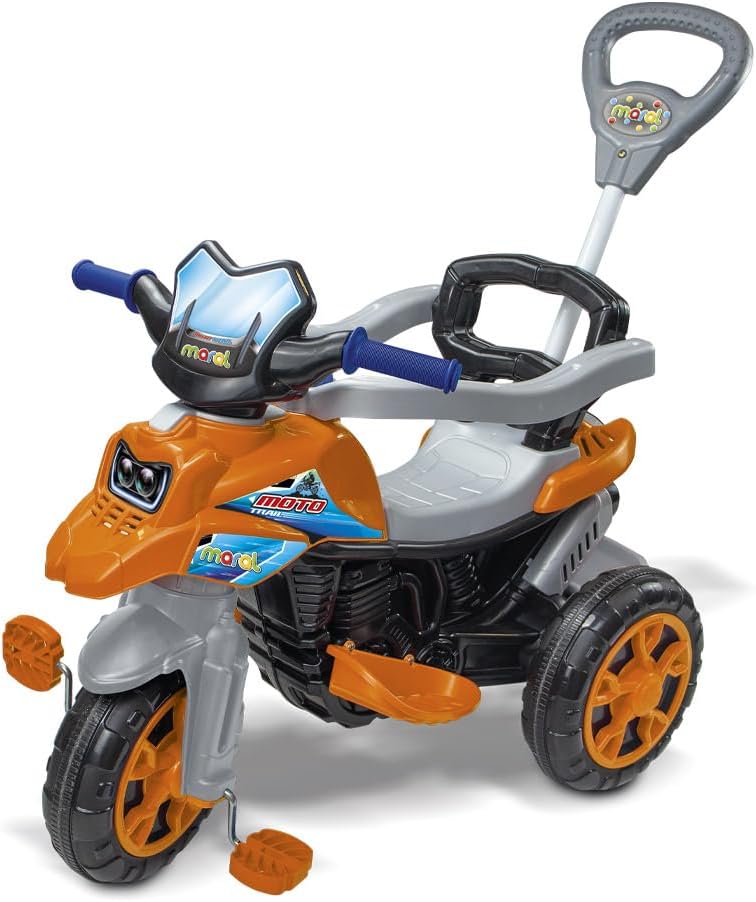 Maral Triciclo Moto Trail Infantil 2 Em 1 – Passeio com Empurrador e Pedal Laranja, Estável e Divertido para Crianças