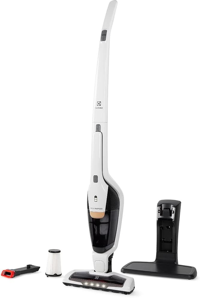Aspirador de Pó Vertical Bateria Ergorapido 2 Em 1 Electrolux 38 Min Base Recarregamento Luz Frontal LED Pedal Limpeza Facil da Escova Rotativa Aspira Escova Capacidade 420Ml Erg25B Bivolt Branco