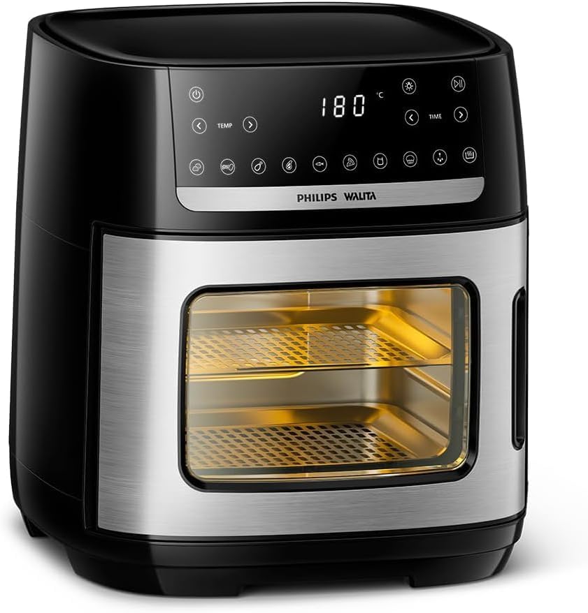 Mostra a interface de uso e o design de forno compacto com boa leitura visual.