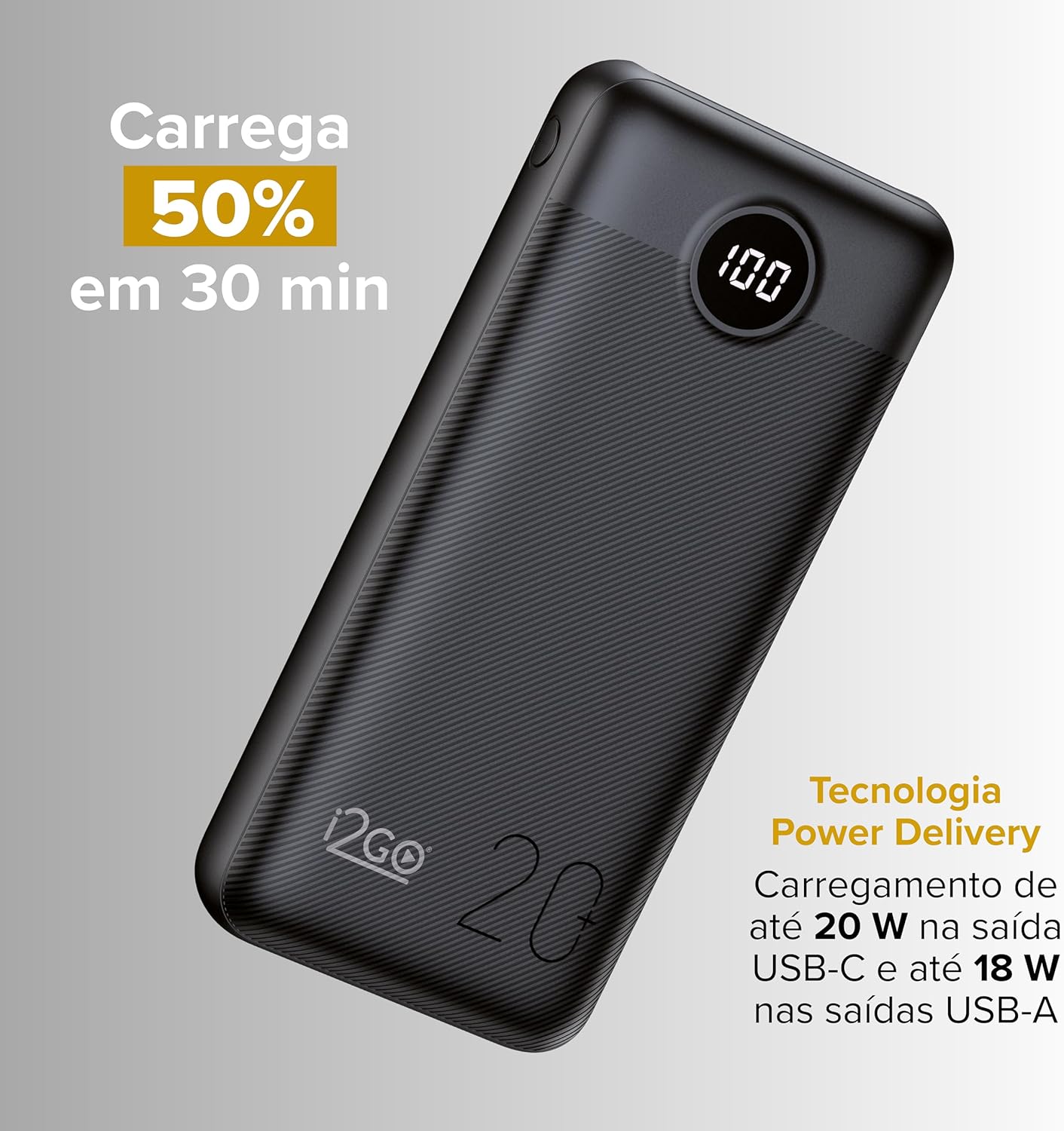 Ajuda a mostrar construção, acabamento e detalhes físicos importantes do power bank.
