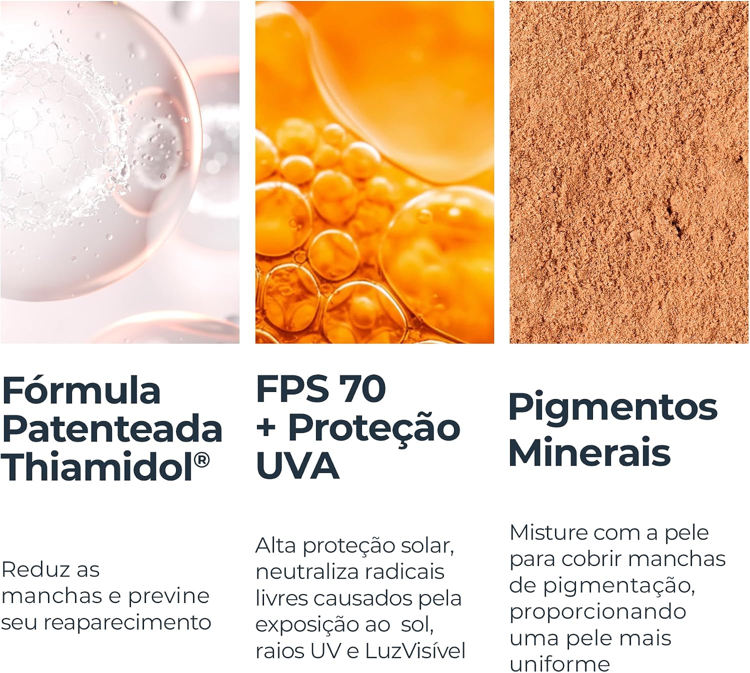 Ajuda a comunicar os principais diferenciais funcionais do produto, principalmente a proteção alta e o foco em hiperpigmentação.