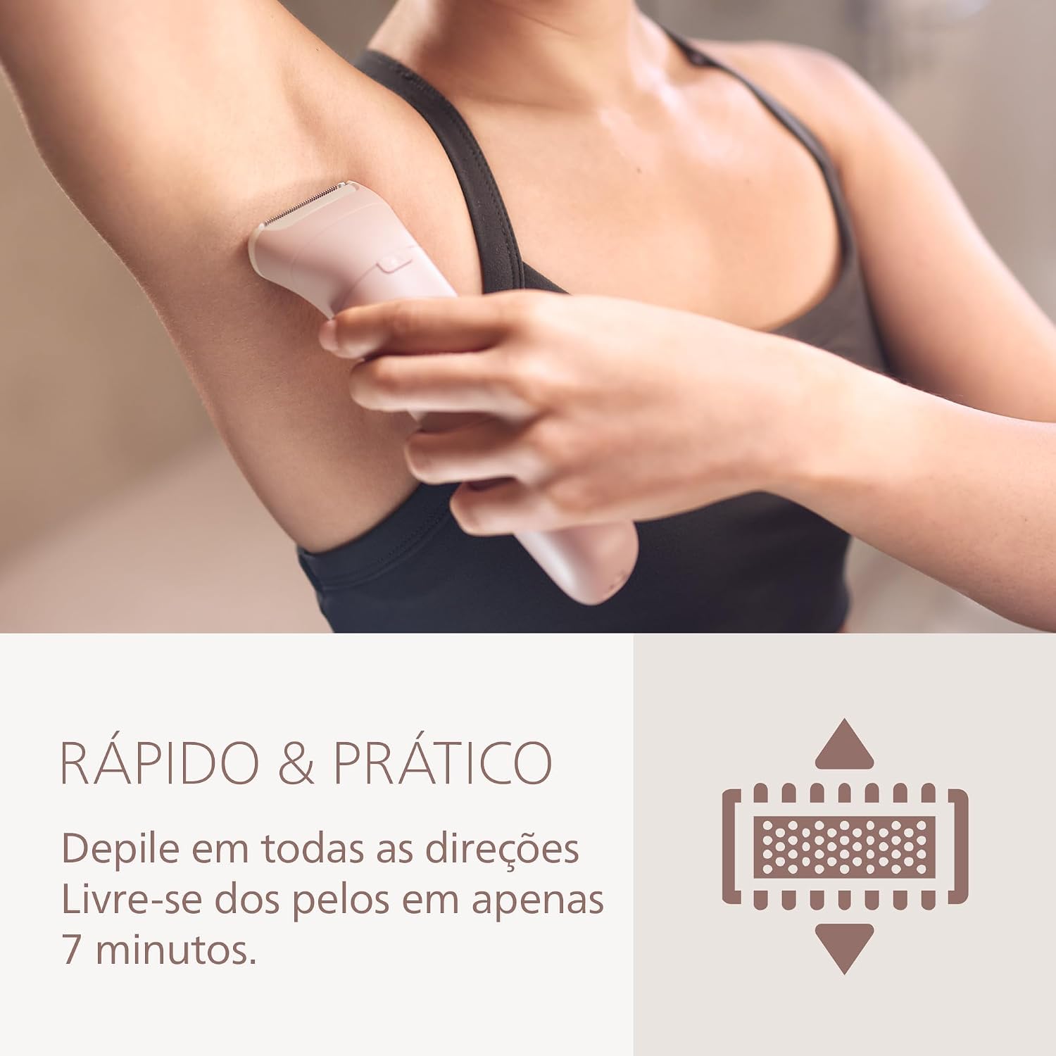 Evidencia o sistema de 3 lâminas e a proposta de depilação mais suave.