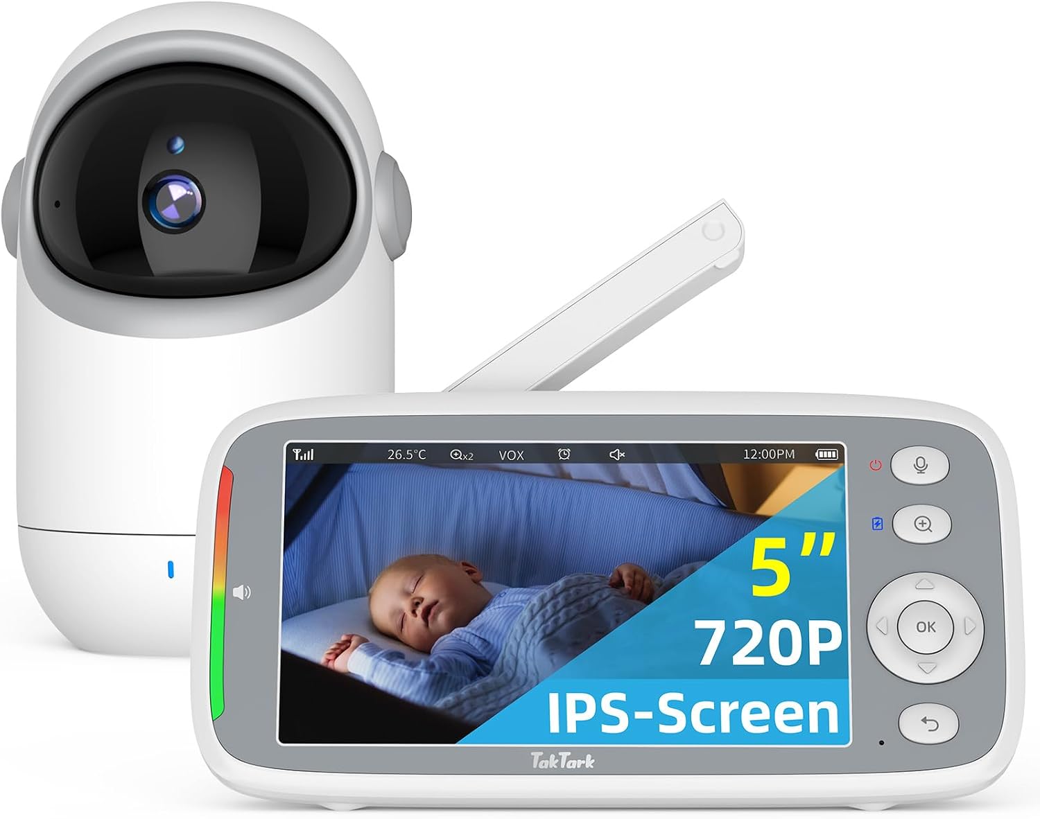 Taktark Babá Eletrônica, 5" 720P Hd Bebê Câmera com Tela, sem Wi-Fi, Panorâmica Inclinação, Áudio Bidirecional, Night Vision, Zoom Digital, Detecção de Som Vox, Ideal para Novos Pais