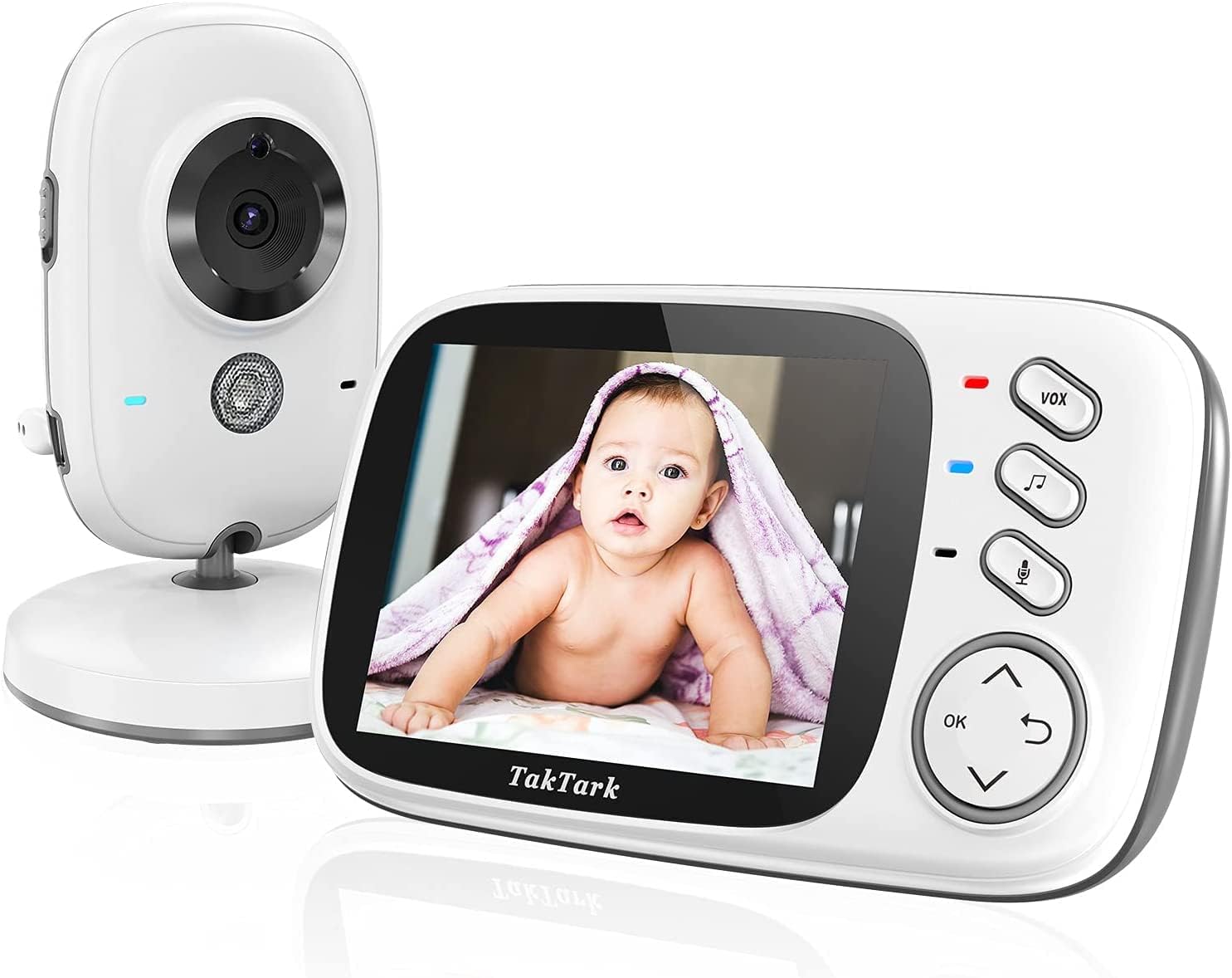 Babá Eletrônica, Taktark Câmera para Bebês com Tela de 3.2", Visão Noturna Infravermelha, Áudio Bidirecional, Detecção de Som Vox, Monitoramento Temperatura, Canção de Ninar