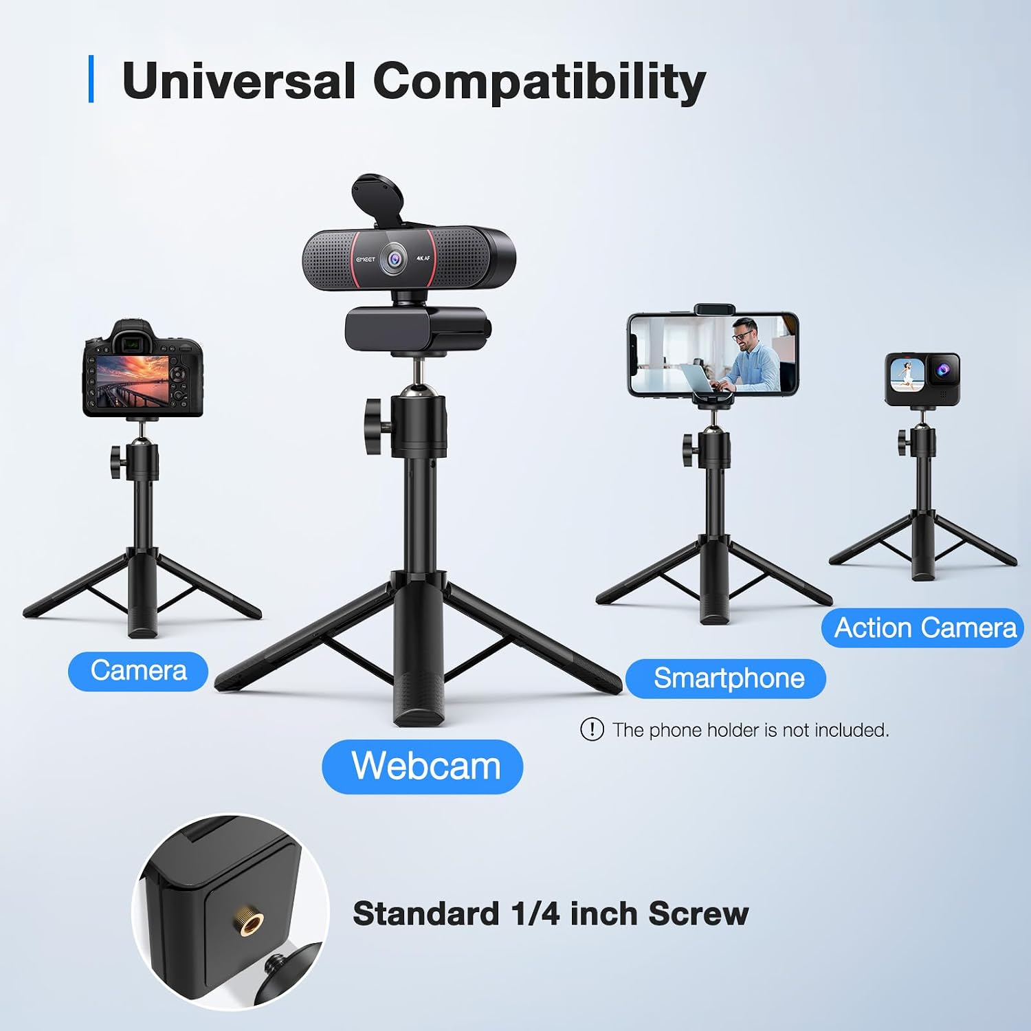 Evidencia a câmera em si e a proposta de imagem 4K com foco automático.