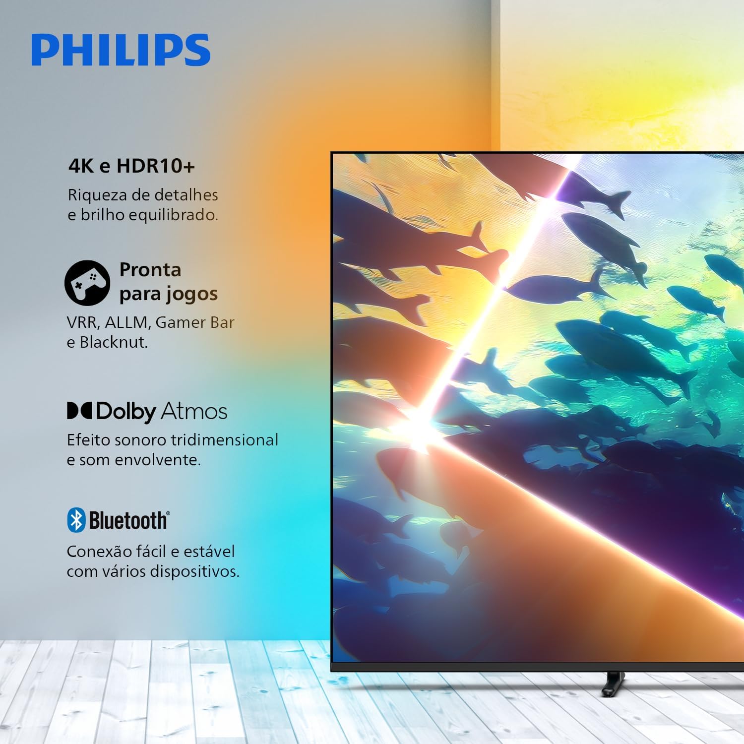 Evidencia o Ambilight em um ambiente real e ajuda a transmitir imersão para filmes e séries.