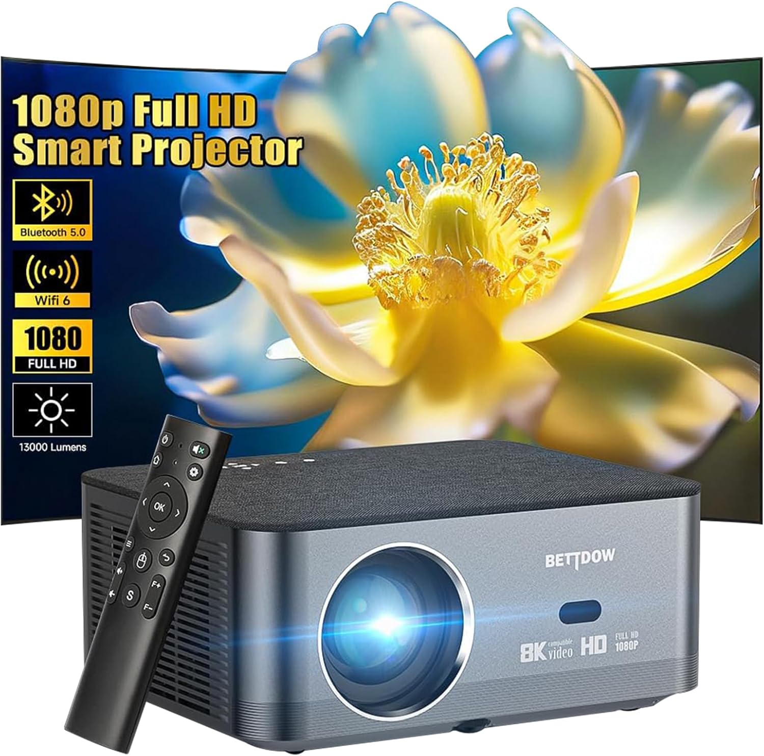 Bettdow Projetor 4K 8K 15000 Lumens Hd 1080P Compatível Completo de Android 9, Smart Projetores Retroprojetor Portatil 600 Ansi Wi-Fi6, Auto Correção Trapezoidal, Foco Eletronico
