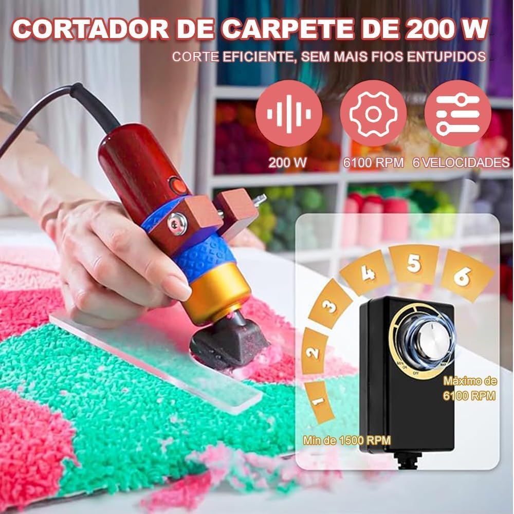 Evidencia o uso real no processo de criação/acabamento de tapetes, reforçando a finalidade do produto.