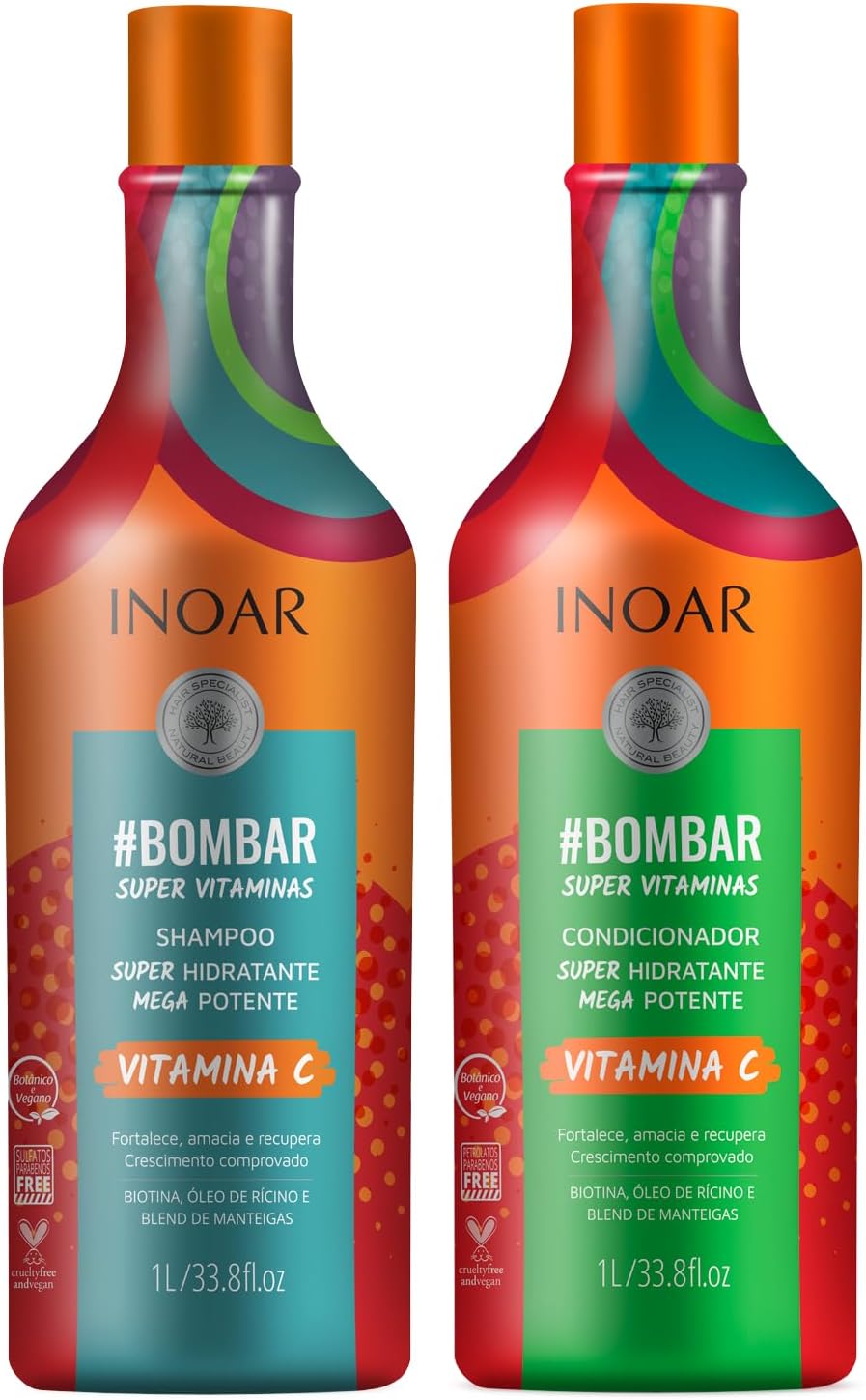Inoar, Kit #Bombar Super Vitaminas – Shampoo e Condicionador para Crescimento Acelerado, Fortalecimento Capilar, Redução da Queda e Brilho Intenso, 2X1L