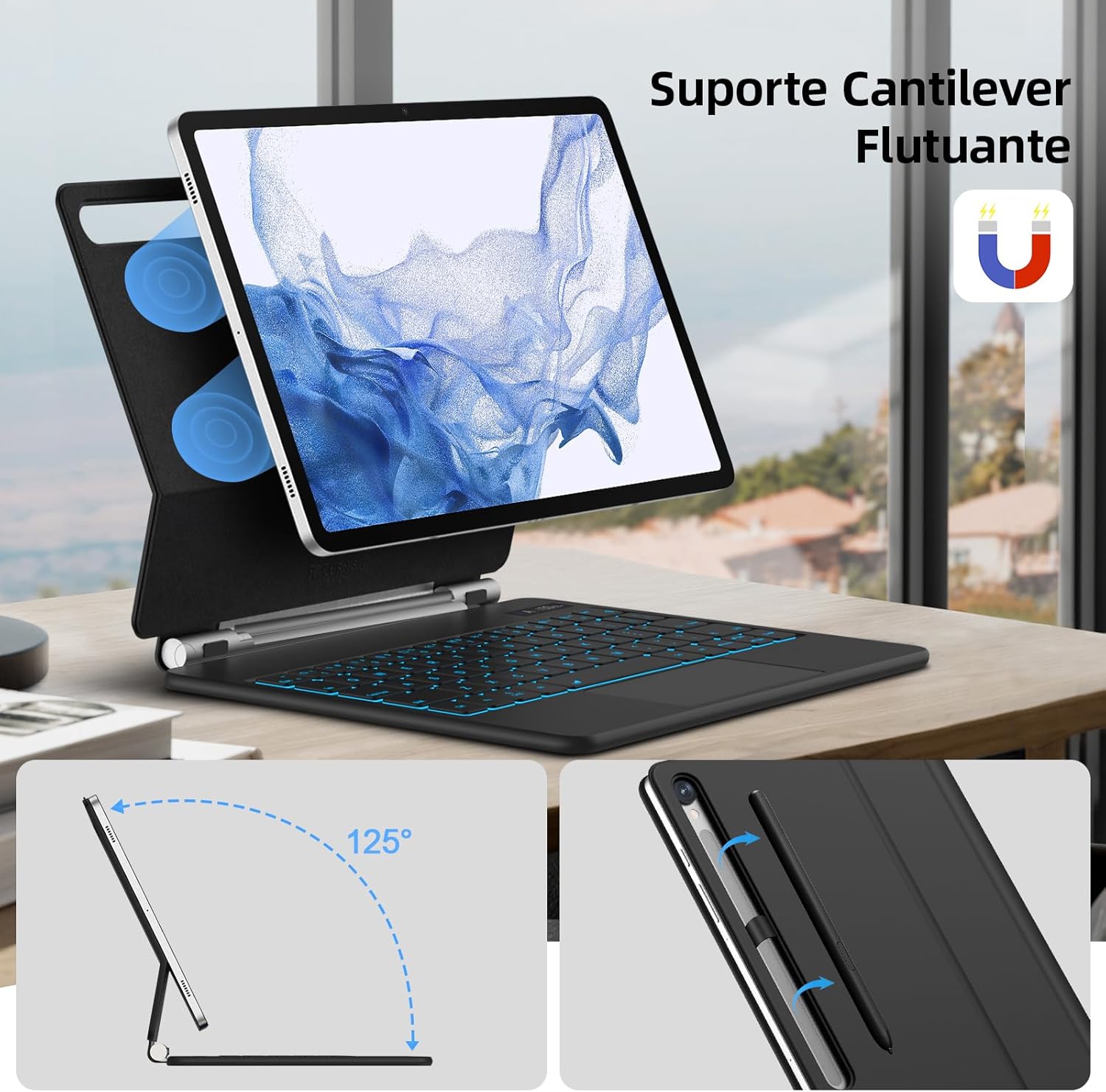 Ajuda a destacar o trackpad grande, a superfície de navegação e o layout voltado para produtividade.