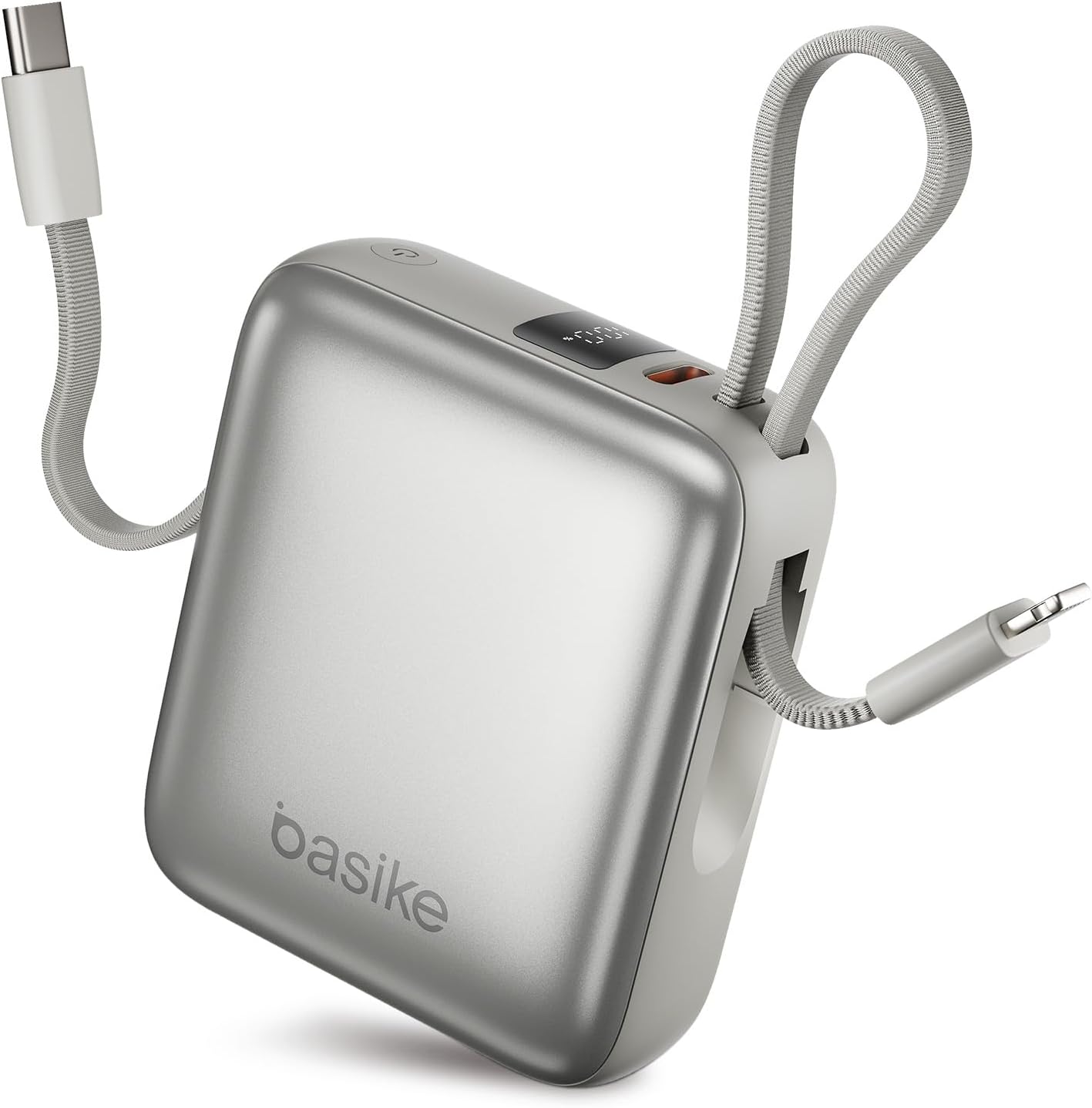 Basike Carregador Portátil 10000Mah, Mini Power Bank (Prata) | Cabos Integrados, Carregamento Rápido 22.5W(Max), Pequeno, LED Indicador de Bateria para Iphone/Samsung/Huawei/Xiaomi, Etc
