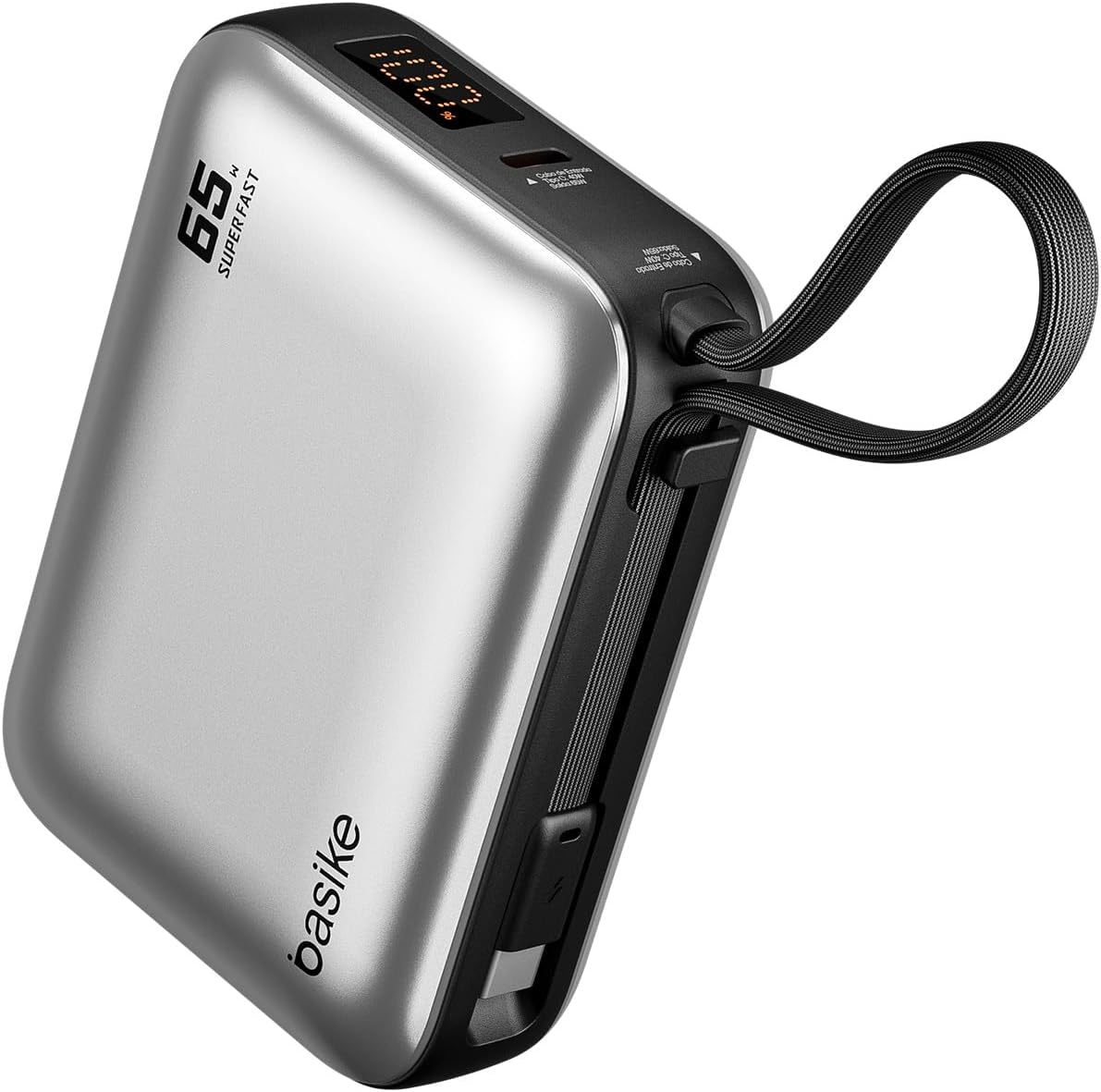 Basike Power Bank 65W, Carregador Portátil Universal 20000Mah (Prata) | USB-C + Cabo Type-C Integrado e Removível, Carregamento Rápido Pd/Pps para Samsung Séries S26-S21 e Iphone Séries 17-14
