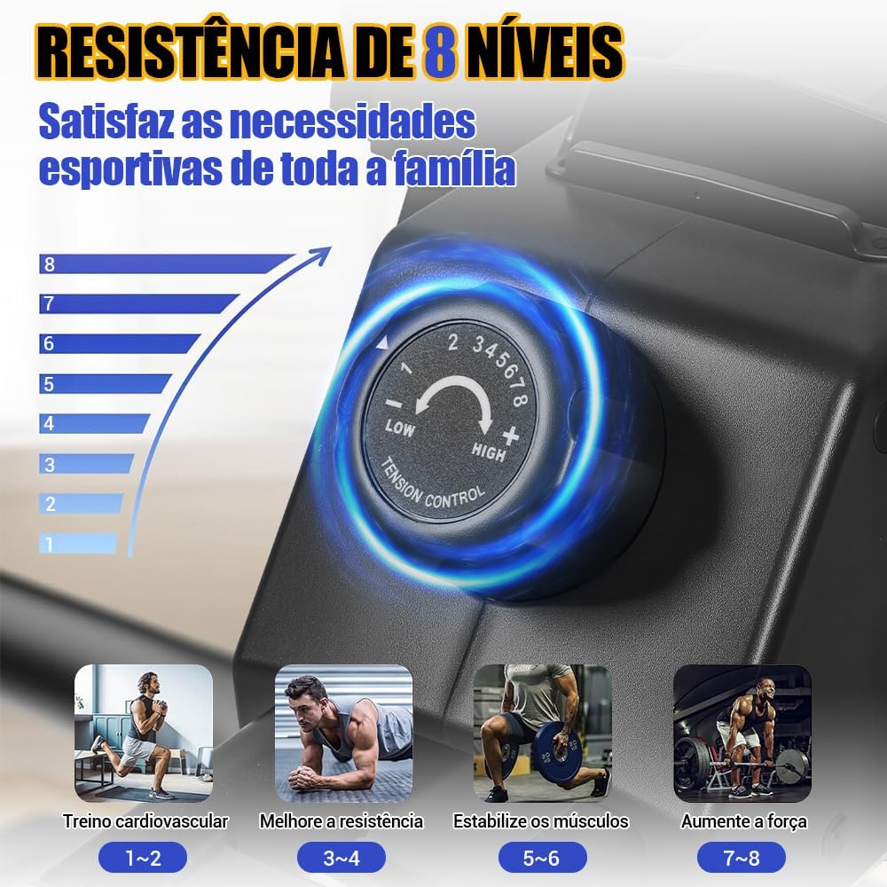 Destaca o comprimento do trilho, a ergonomia e o espaço de movimento durante a remada.