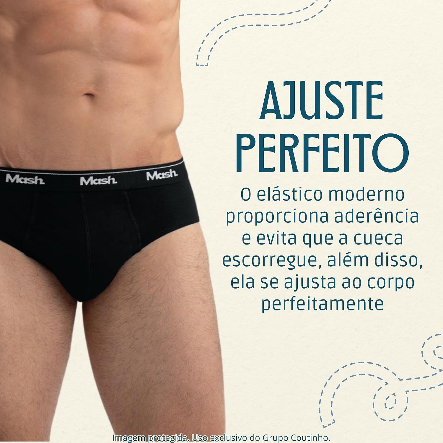 Ajuda a transmitir como a cueca se ajusta ao corpo e como fica na prática.