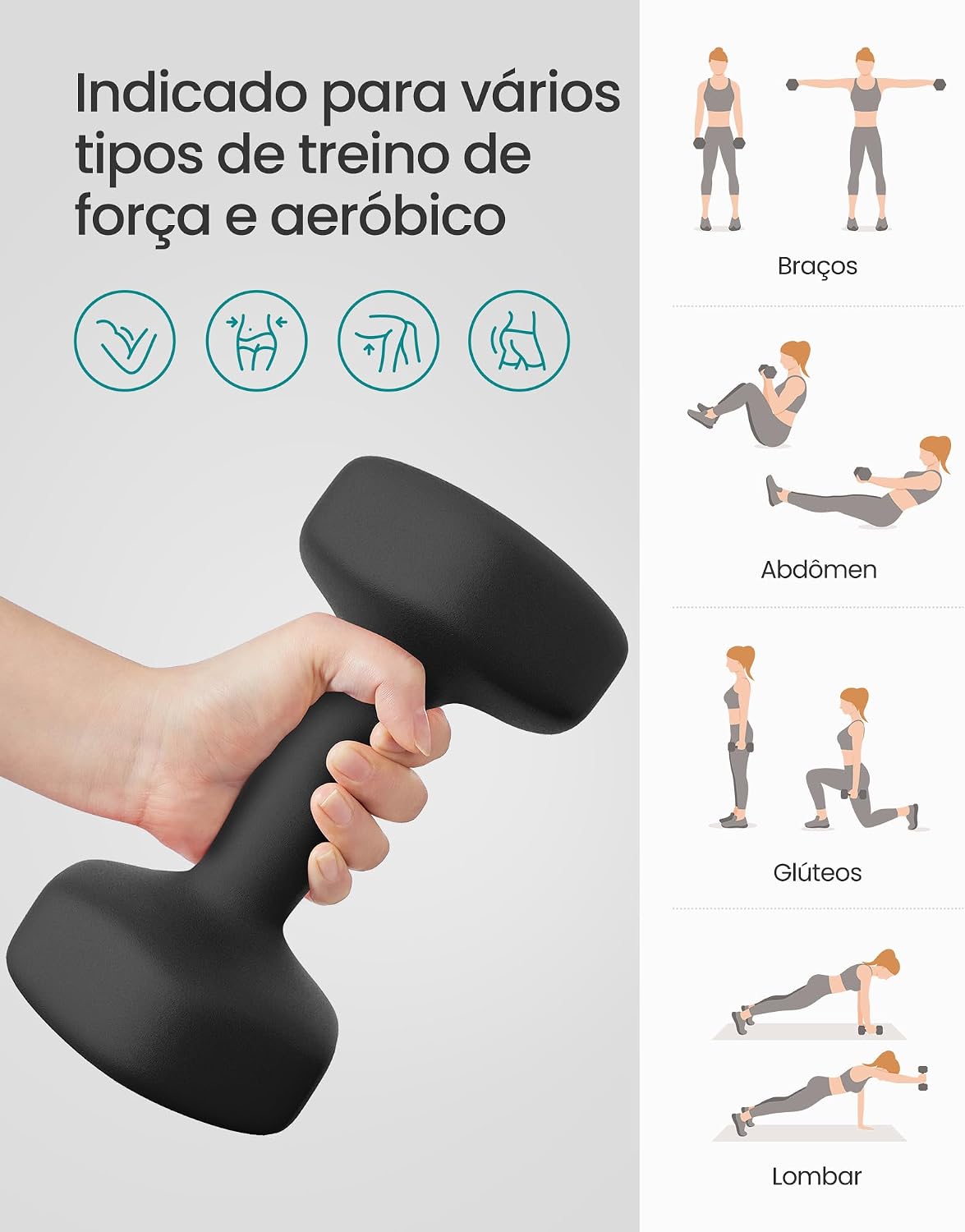 Reforça o argumento de estabilidade e de que o halter não rola facilmente.