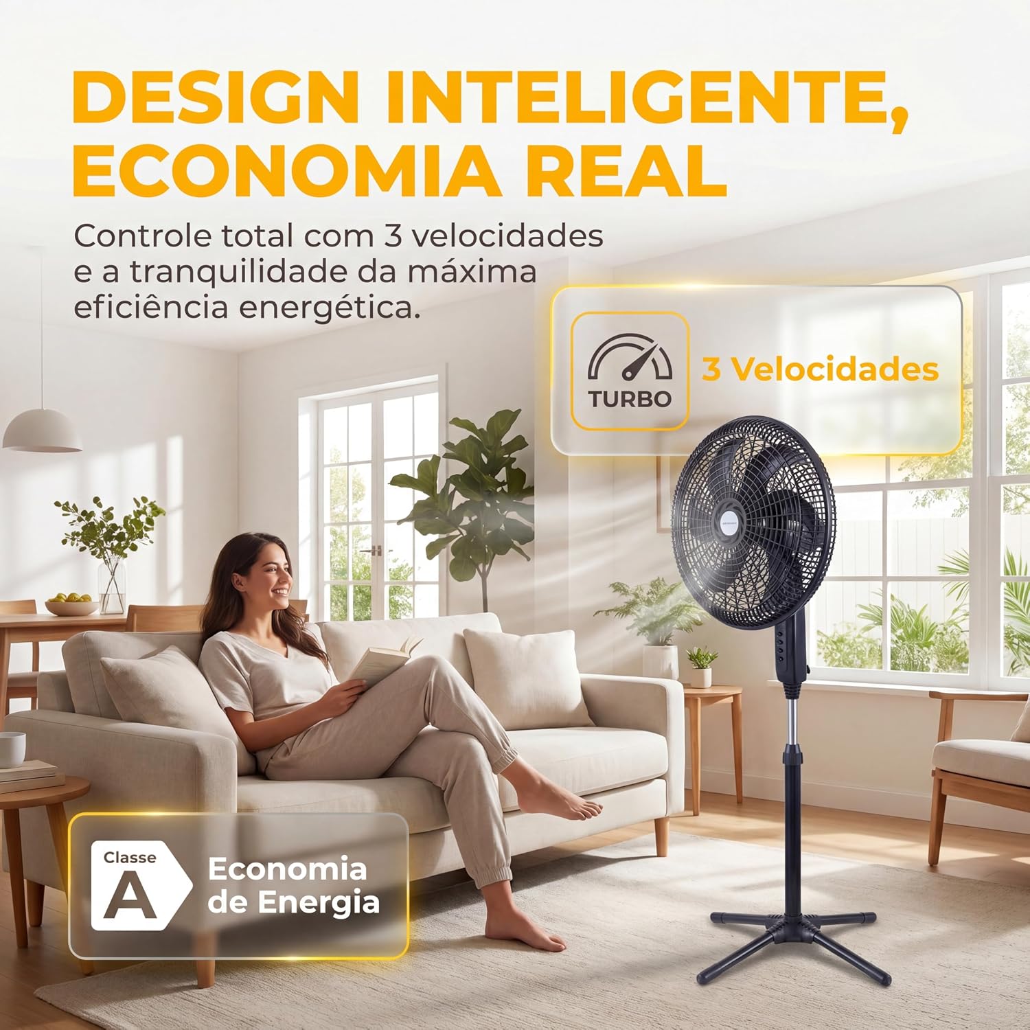 Mostra como o produto se encaixa no dia a dia e reforça a proposta de ventilação para ambientes internos.