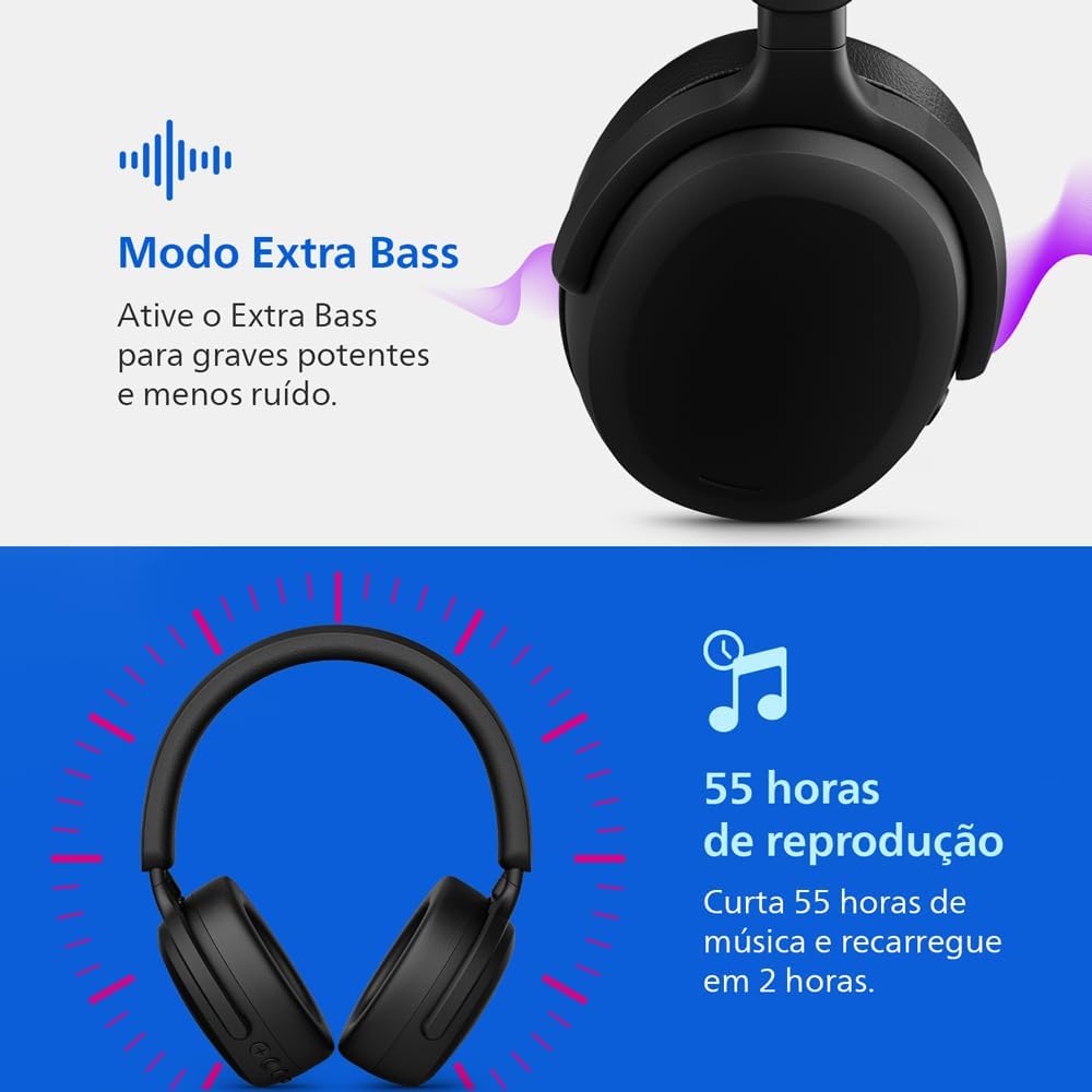 Destaca o formato over-ear, a ergonomia do arco e a construção do corpo do headphone.
