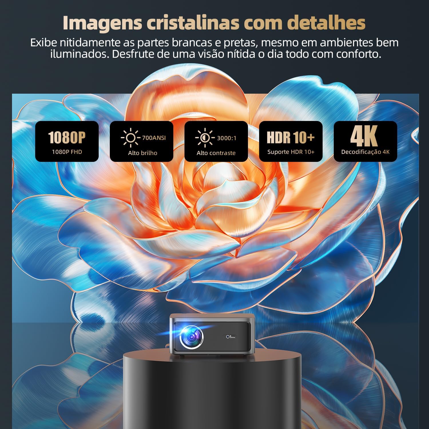 Reforça a proposta de cinema em casa e o uso prático em sala ou quarto.