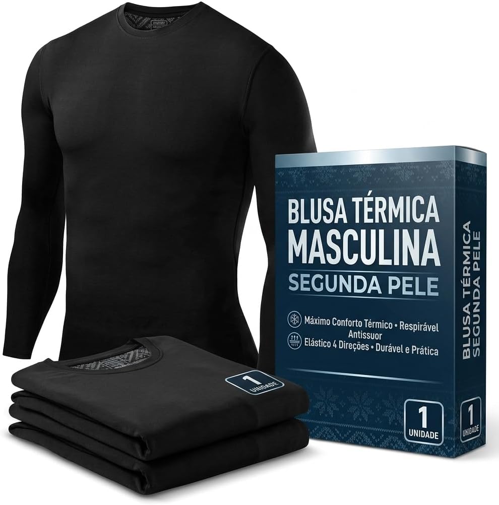 Blusa Térmica Masculina Segunda Pele Inverno Flanelada com Forro de Lã | Manga Longa Elástica e Respirável - Roupa de Frio Preta para Esporte e Dia a Dia