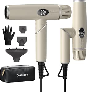 Gokoco Secador de Cabelo Dobrável de Alta Velocidade, Bivolt, Gd045 Motor Brushless 110.000 Rpm, Íons Negativos, 4 Temperaturas, 3 Velocidades, com Difusor e Bicos Modeladores para Viagem, Ouro